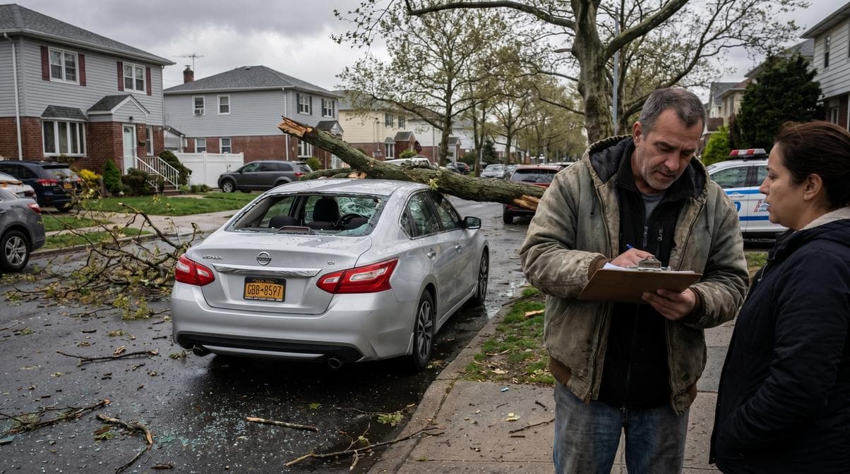 Storm-damaged cars with crumpled hoods, shattered windshields, and dented roofs in residential